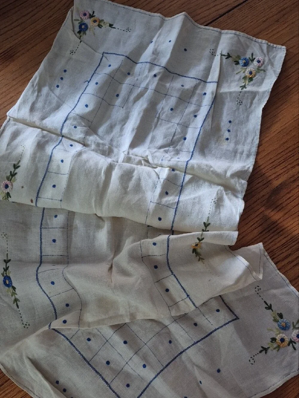 Embroidered White Cotton Table Runner Linen with Blue Floral Accents